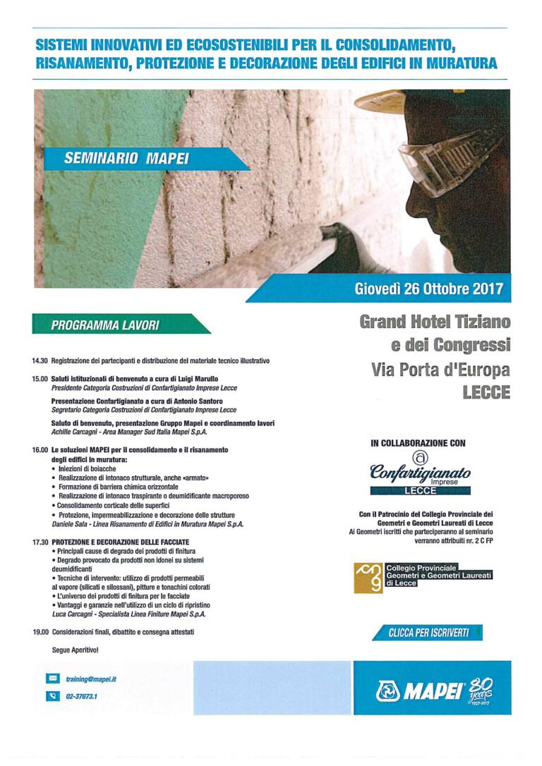 Seminario Mapei – Sistemi innovativi ed eco sostenibili per il consolidamento, risanamento, protezione e decorazione degli edifici in muratura – Lecce 26/10/2017