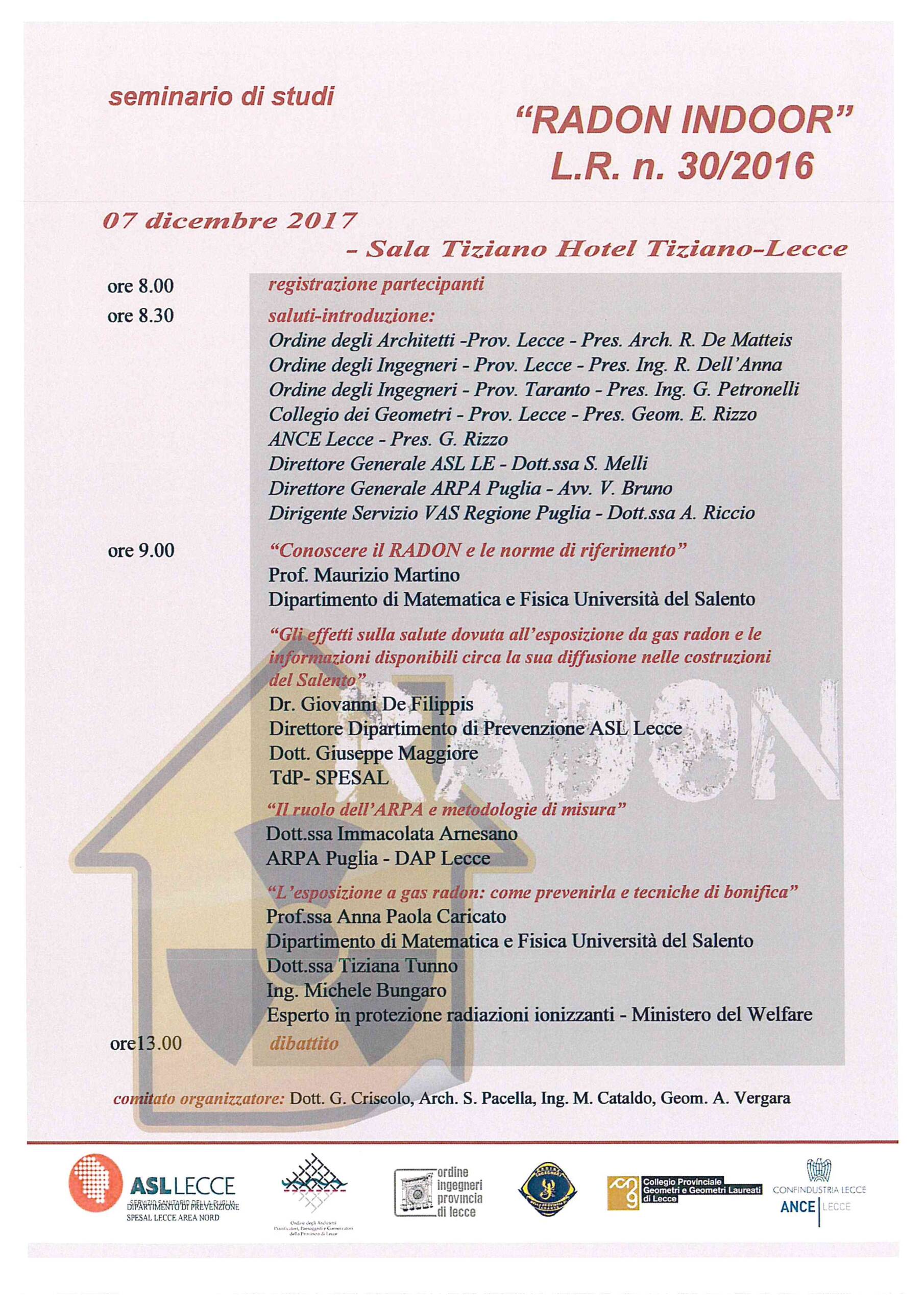 Seminario di studi “RADON INDOOR” L.R. n. 30/2016 – Lecce 07/12/2017