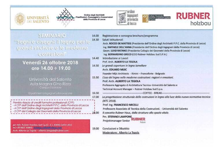 Rubner Holzbau – Seminario “Segni e disegni: il legno per le grandi strutture e le moderne costruzioni” – Lecce 26/10/2018