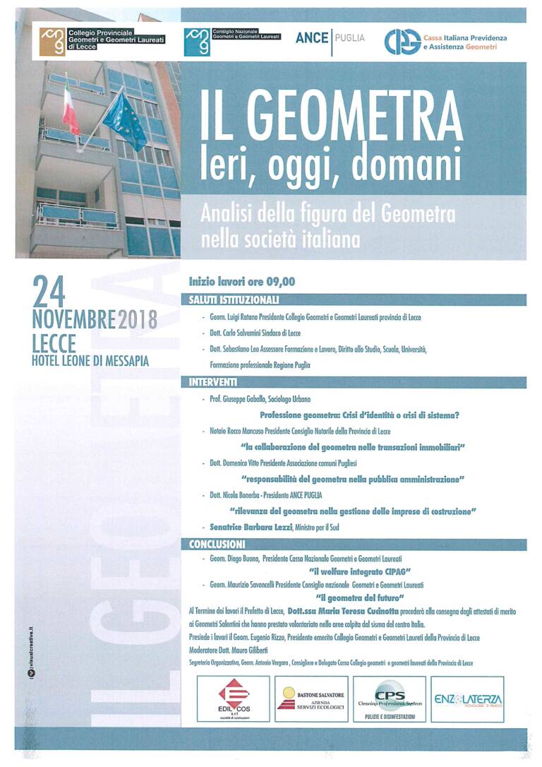 Convegno: “Il Geometra. Ieri, oggi, domani. Analisi della figura del Geometra nella società italiana” – Lecce, 24/11/2018