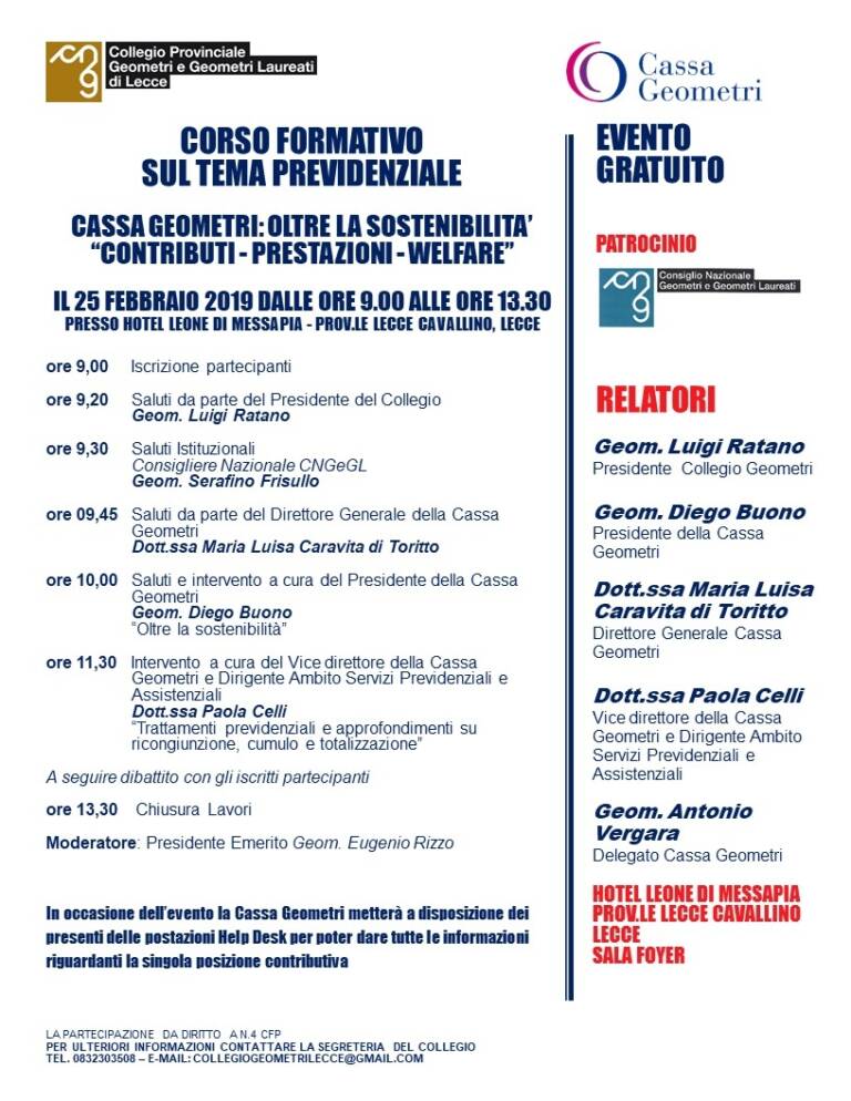 Corso formativo sul tema previdenziale Cassa Geometri: Oltre la sostenibilità “Contributi – Prestazioni – Welfare” – Lecce, 25/02/2019