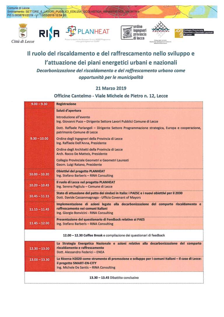 Evento – Il ruolo del riscaldamento e del raffrescamento nello sviluppo e l’attuazione dei piani energetici urbani e nazionali – Lecce 21-22 marzo 2019