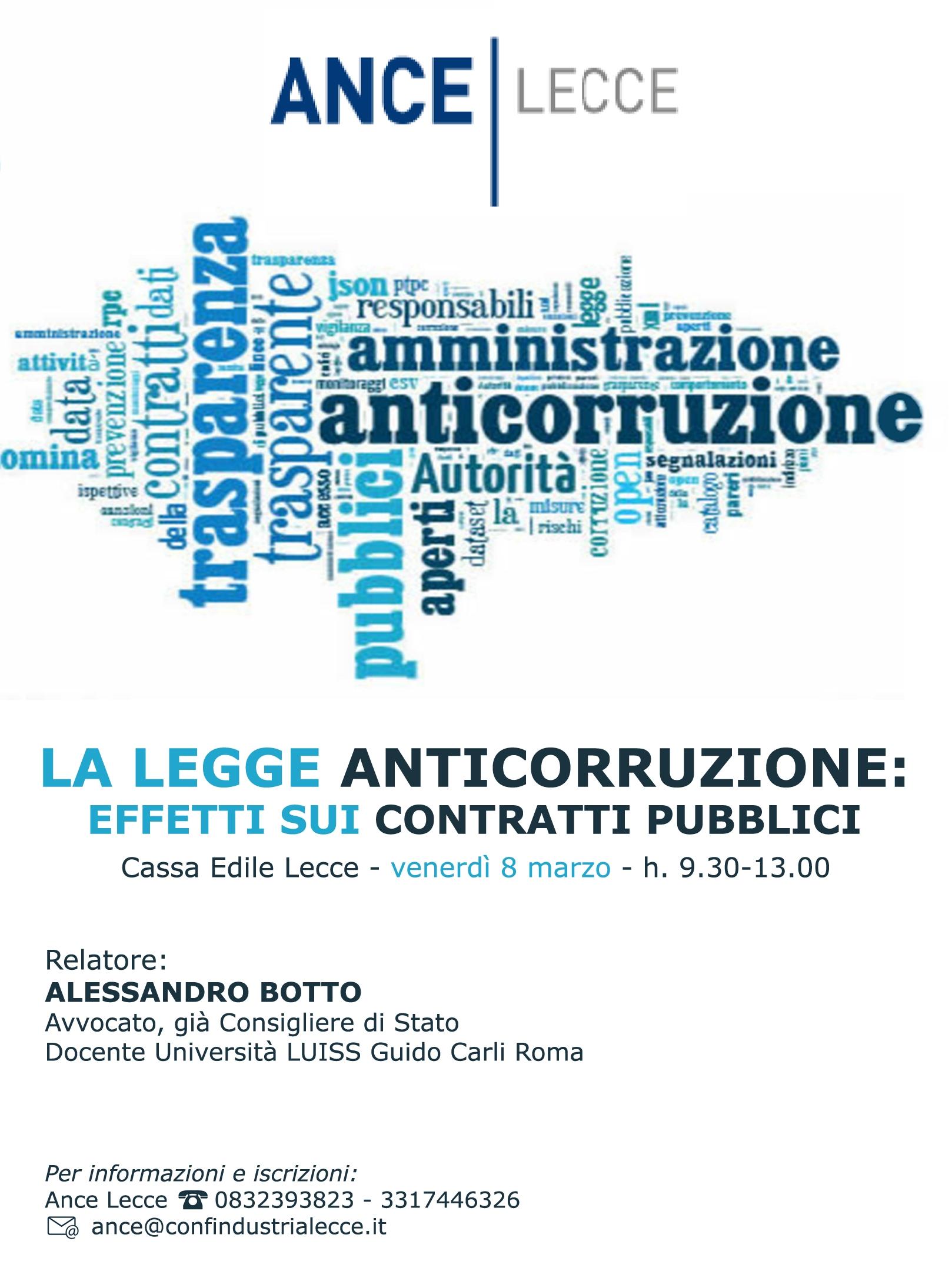 Incontro ANCE Lecce: “La Legge Anticorruzione: effetti sui contratti pubblici” – Lecce 08/03/2019