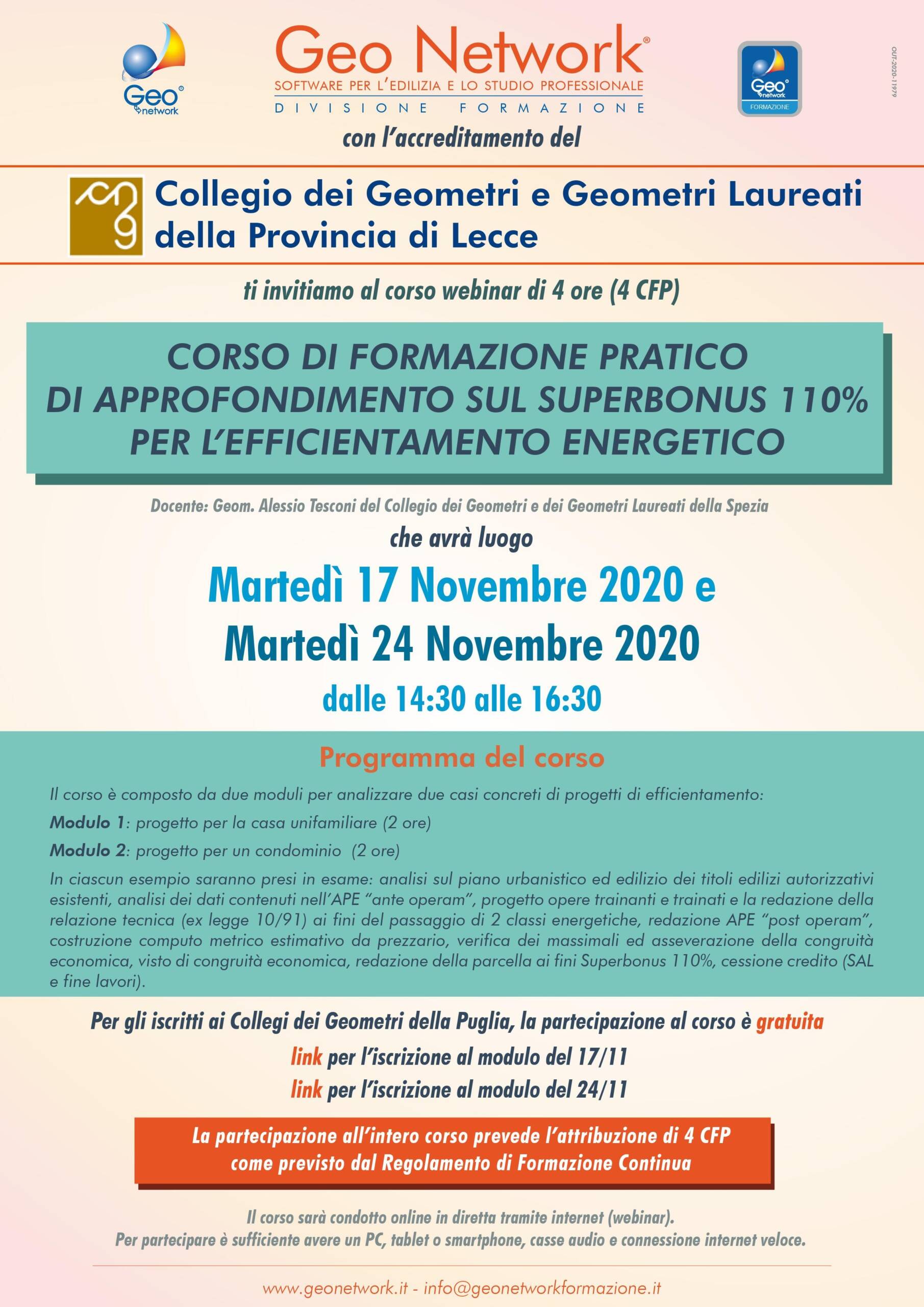 Corso GeoNetwork “CORSO DI FORMAZIONE PRATICO DI APPROFONDIMENTO SUL SUPERBONUS 110% PER L’EFFICIENTAMENTO ENERGETICO” – Modalità webinar 17 e 24 novembre 2020